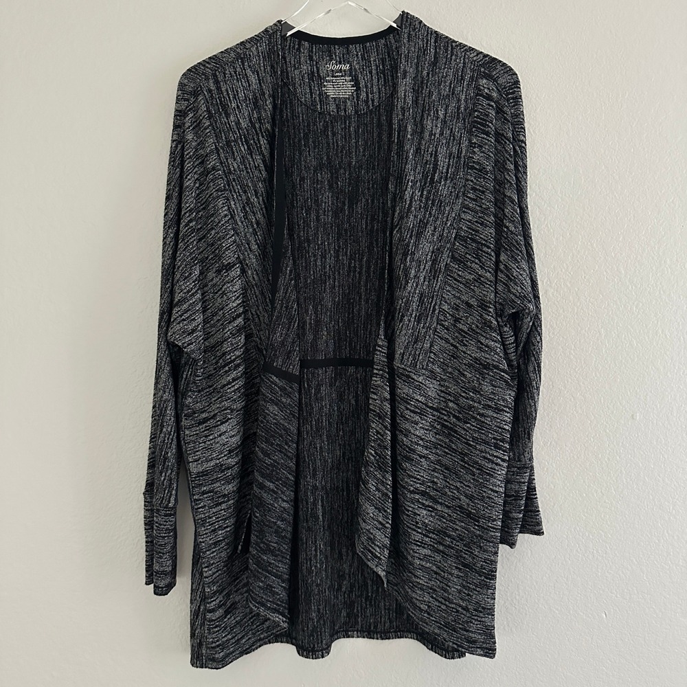 Soma Cardigan L Black White Marled Open Front Draped Shawl Collar Cocoon Wrap